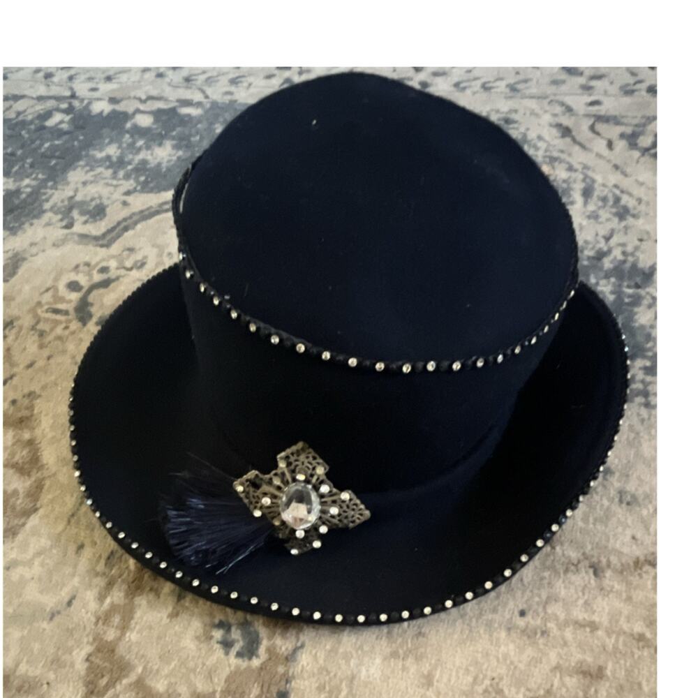 Vintage Tim Crawford Navy Hat with Rhinestone Trim and Decorative Brooch